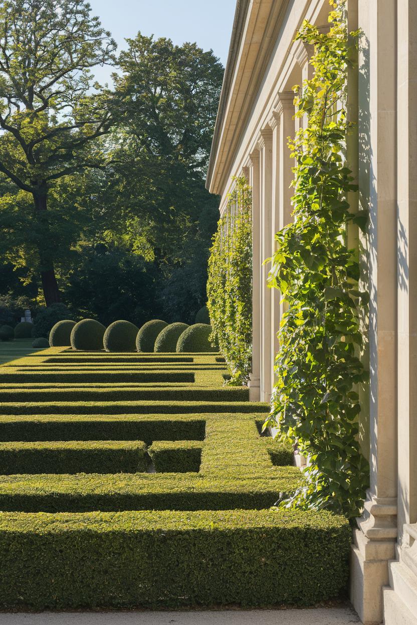 A row of trimmed boxwood hedges by a columned building