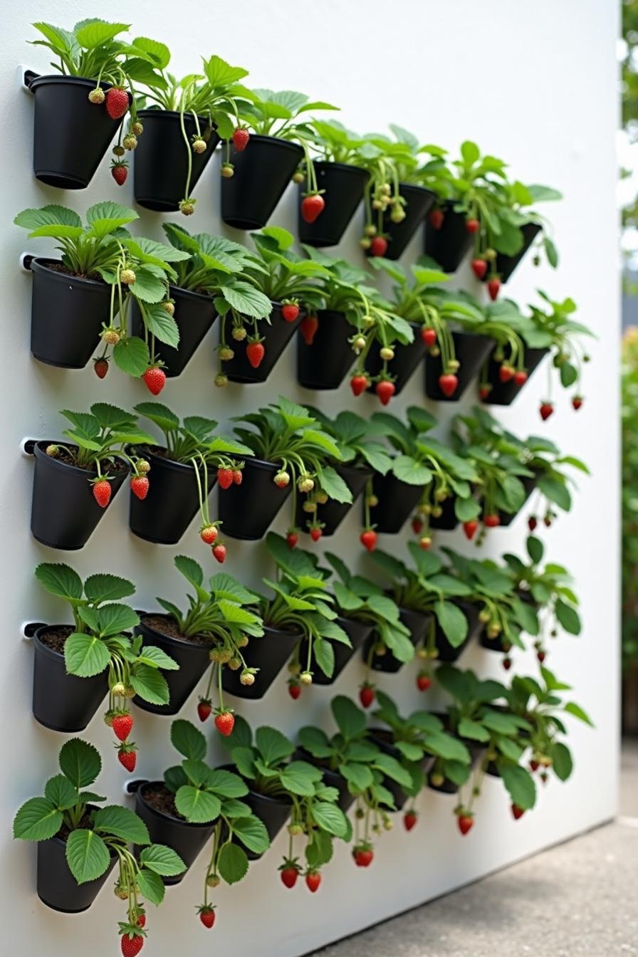 Potted strawberries growing on a vertical wall