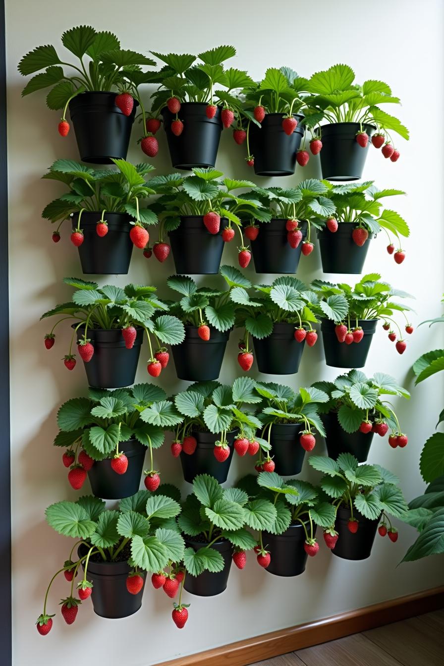 Rows of strawberry plants in black pots hanging on a wall