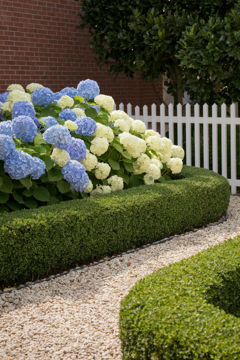 Boxwood hedge paired with colorful hydrangeas by a brick wall and white picket fence