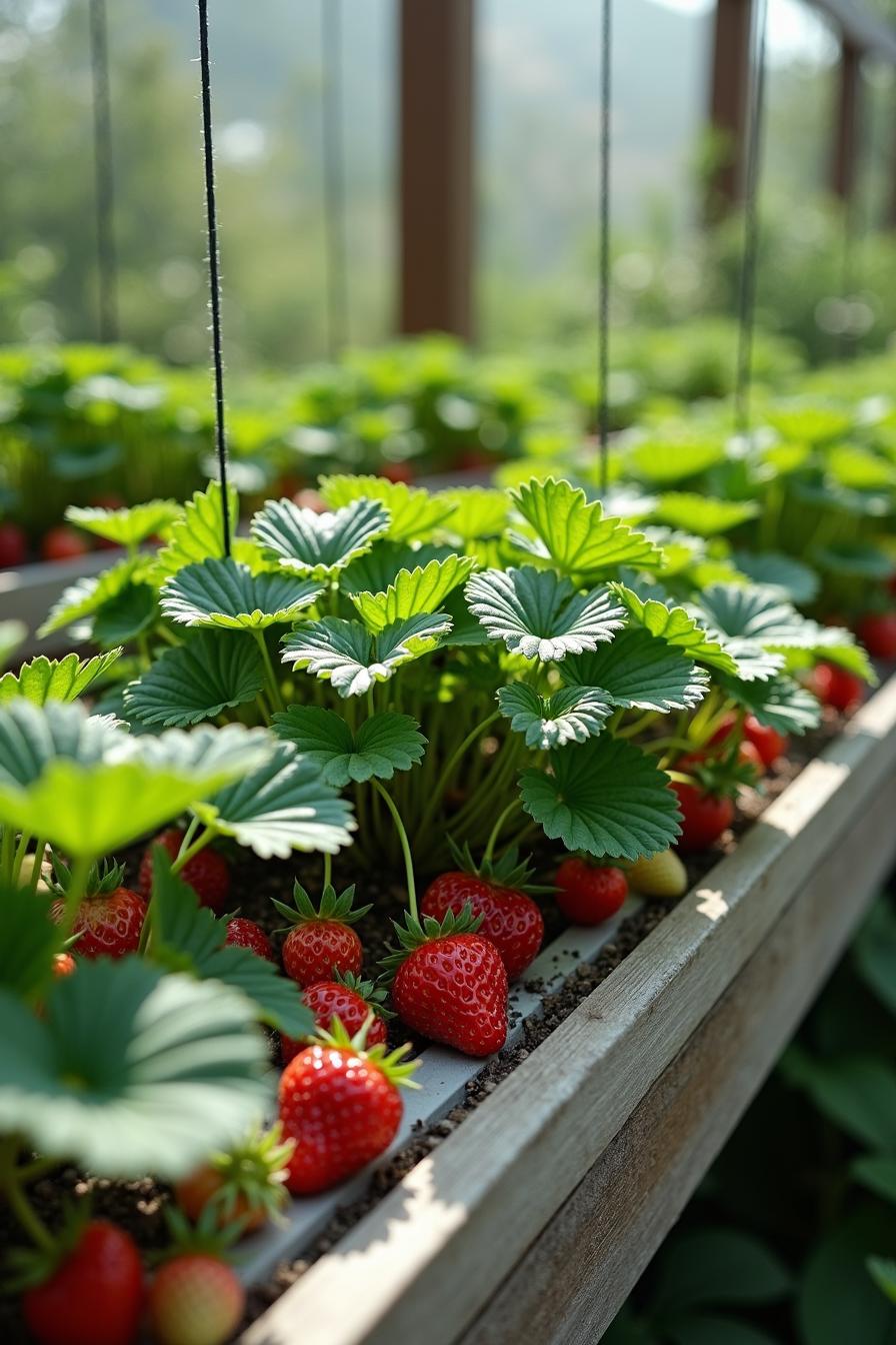 Lush strawberries growing in a wooden planter