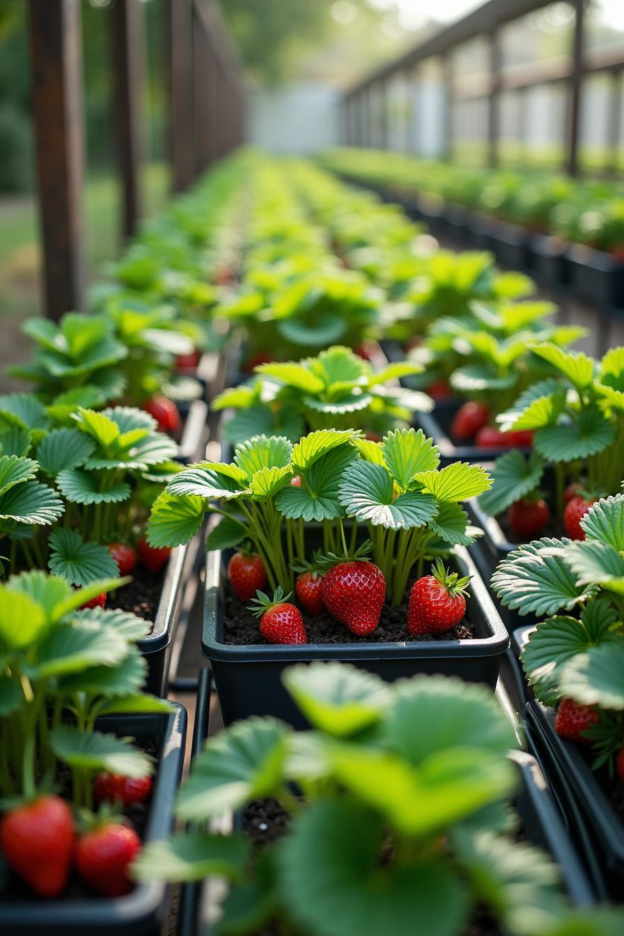 Strawberries growing in orderly rows in a garden