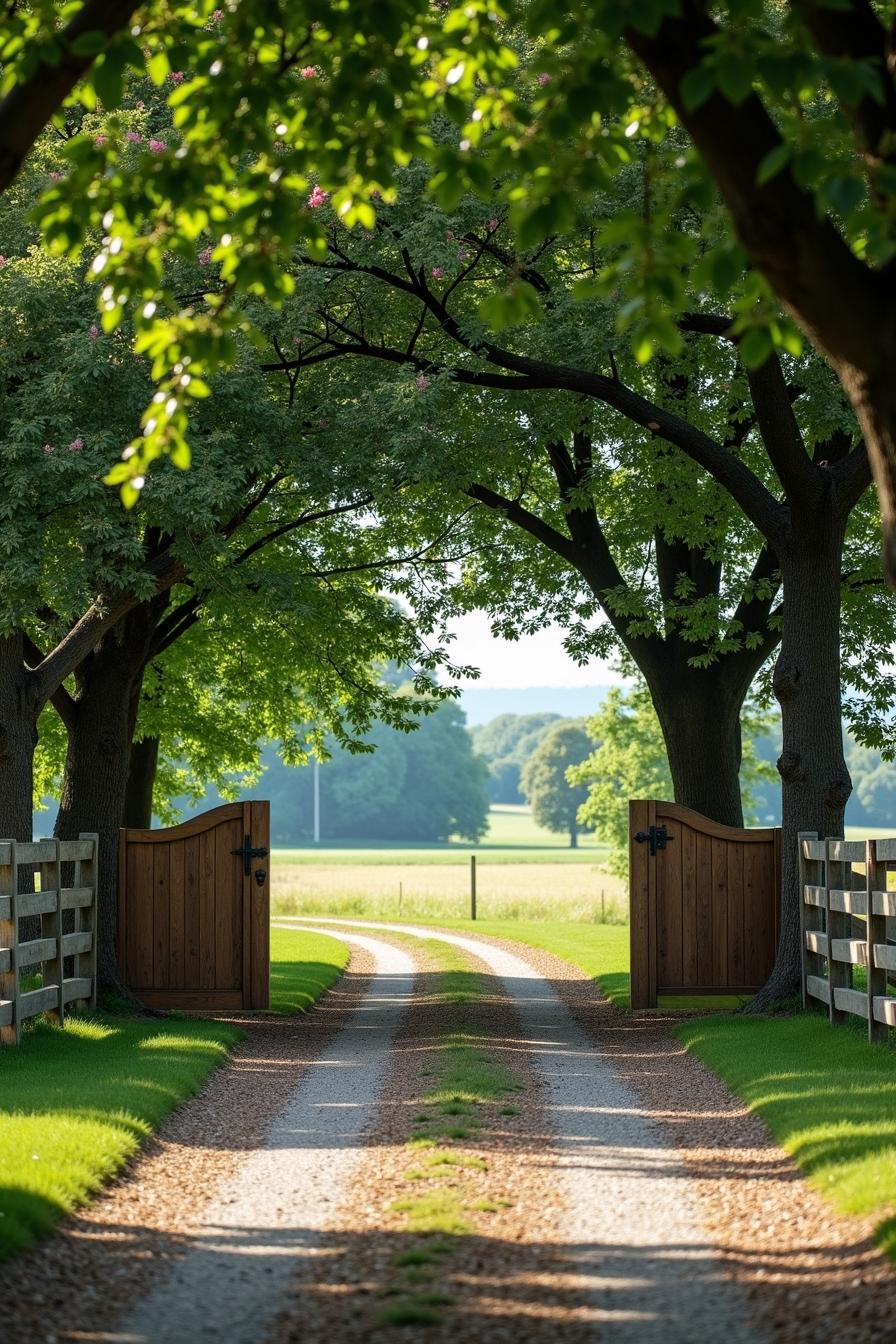 Rustic gate opens onto a sun-dappled path through lush trees