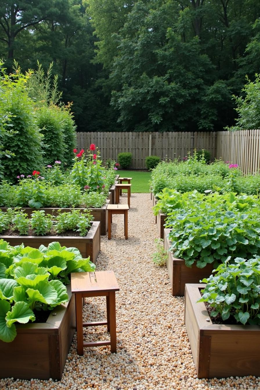 Raised garden beds with lush greenery and pebble path