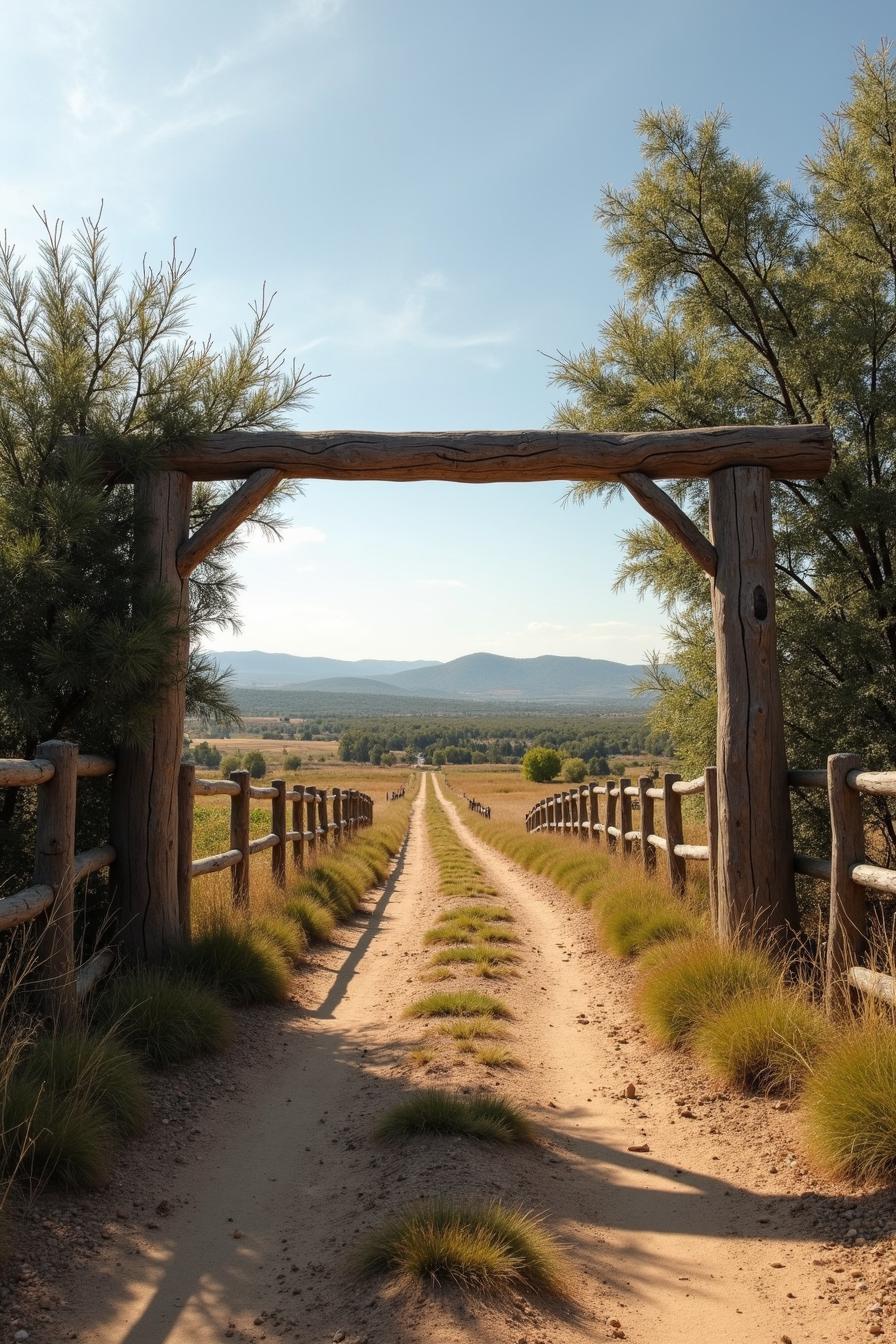 Dirt path flanked by wooden fences under a wooden arch