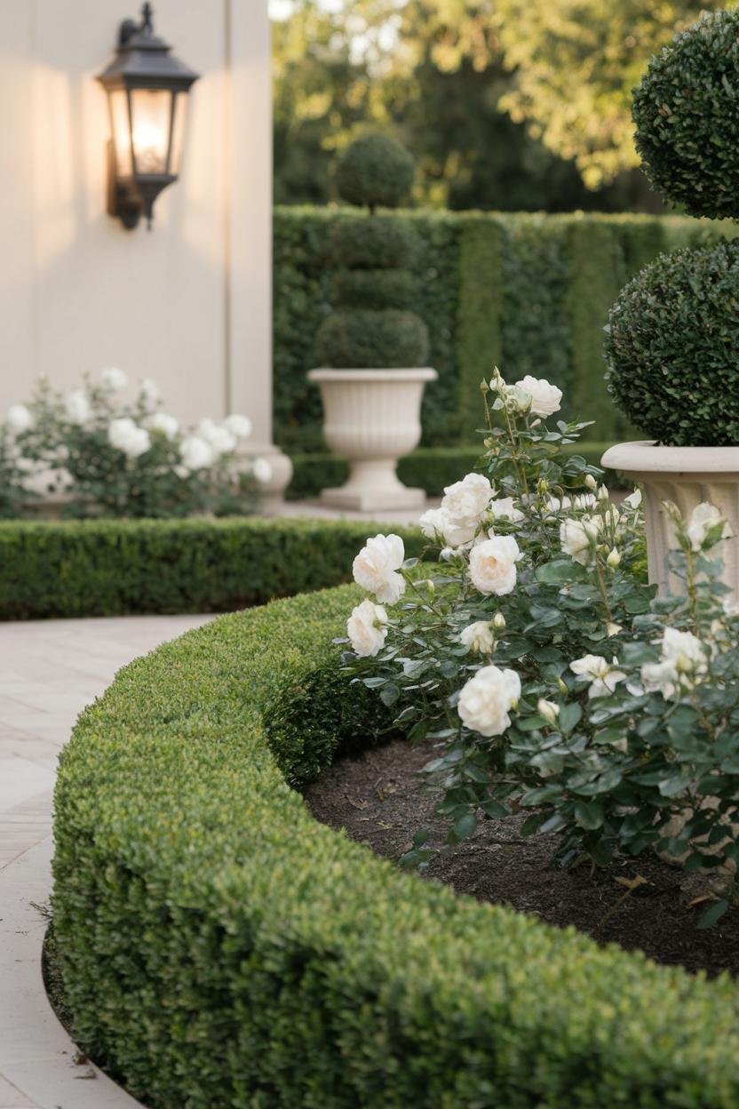 Elegant boxwood hedge with blooming white roses