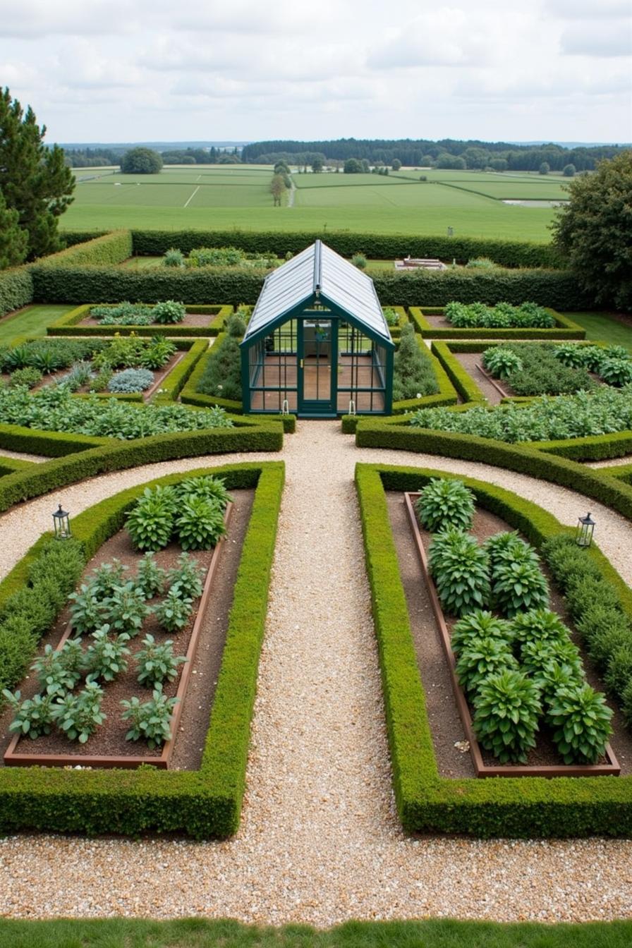 Raised garden beds with greenhouse and gravel paths