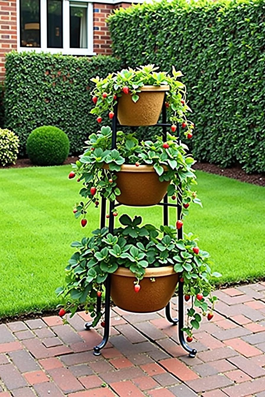 Strawberry plants in stacked pots in a garden