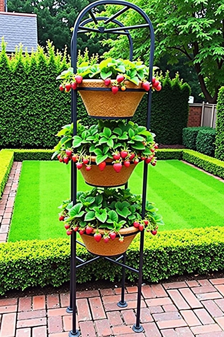 Vertical planter with tiers of strawberry pots