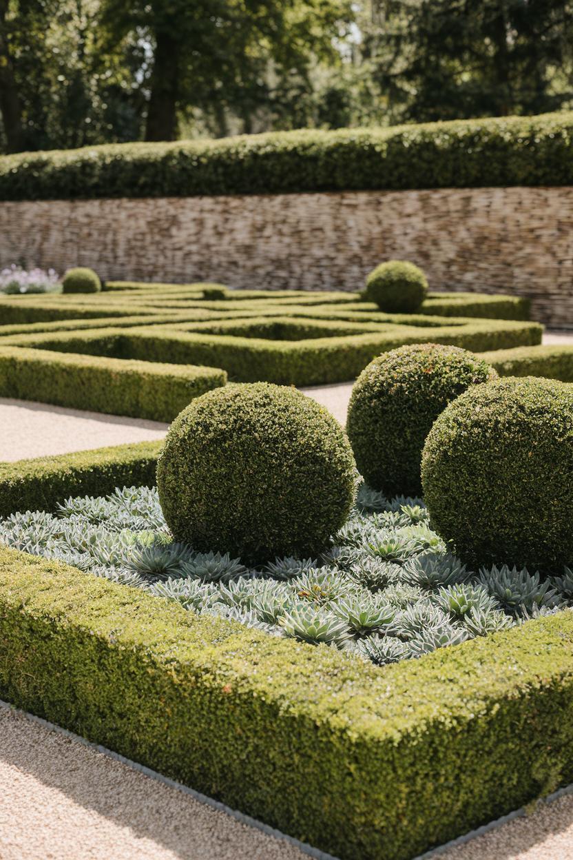 Round Boxwood Shrubs in Structured Garden Layout