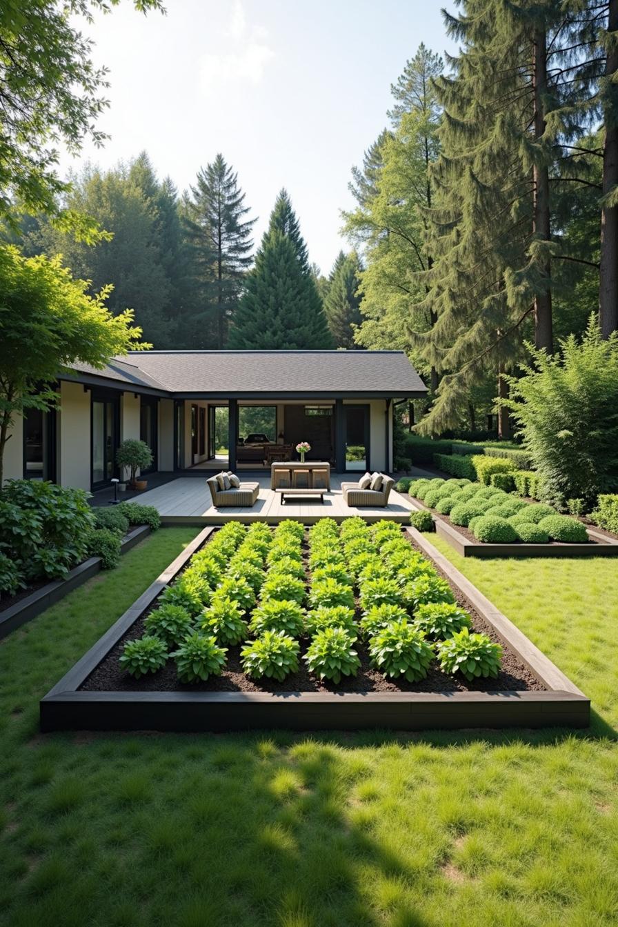 Raised garden beds with lush greenery and modern seating area