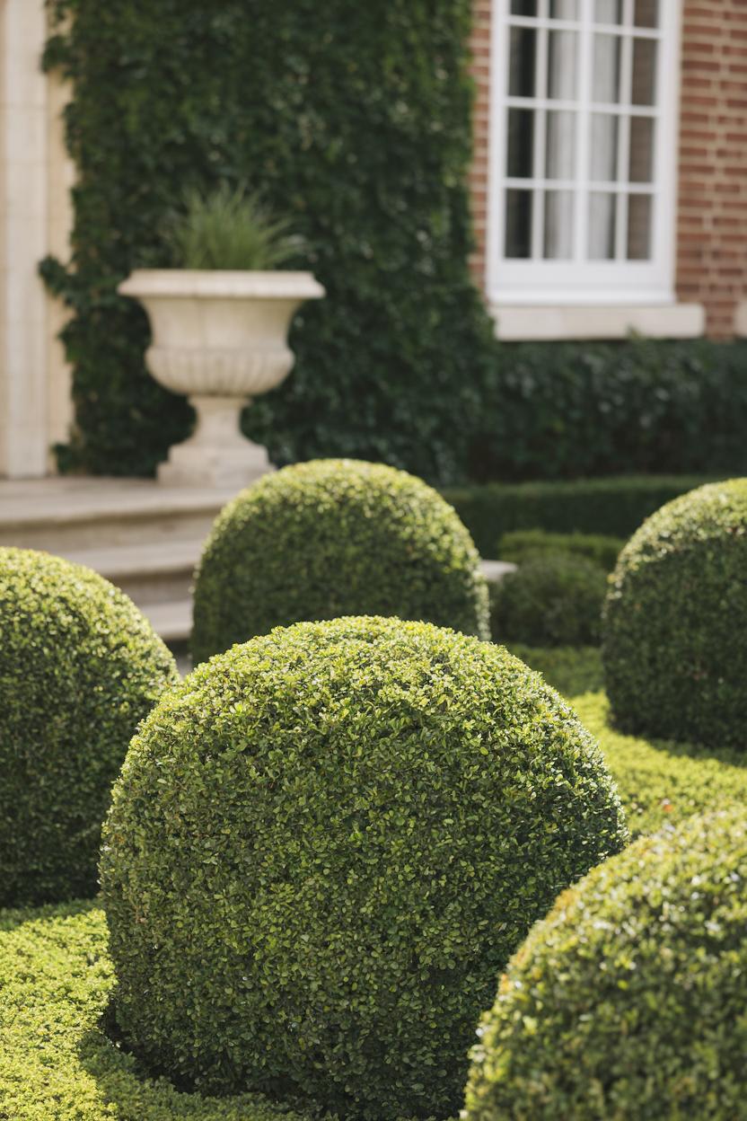 Boxwood spheres in a formal garden setting