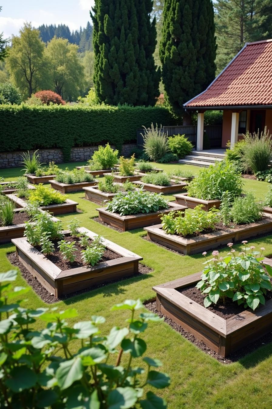 Wooden raised garden beds filled with lush plants on a neatly trimmed lawn