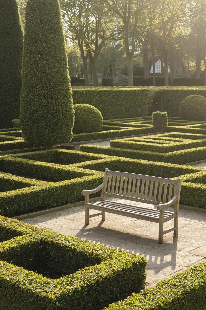 Wooden bench amidst geometric boxwood hedges