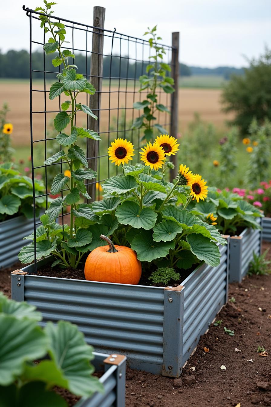 Tall metal raised bed with sunflowers and a vibrant pumpkin