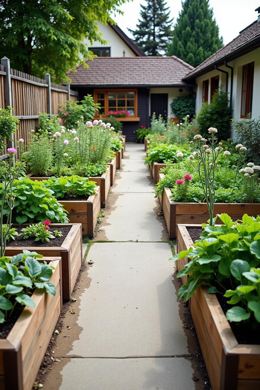 A neatly organized garden with raised wooden beds provides a structured and tidy aesthetic. Lush green plants and vibrant flowers fill the beds