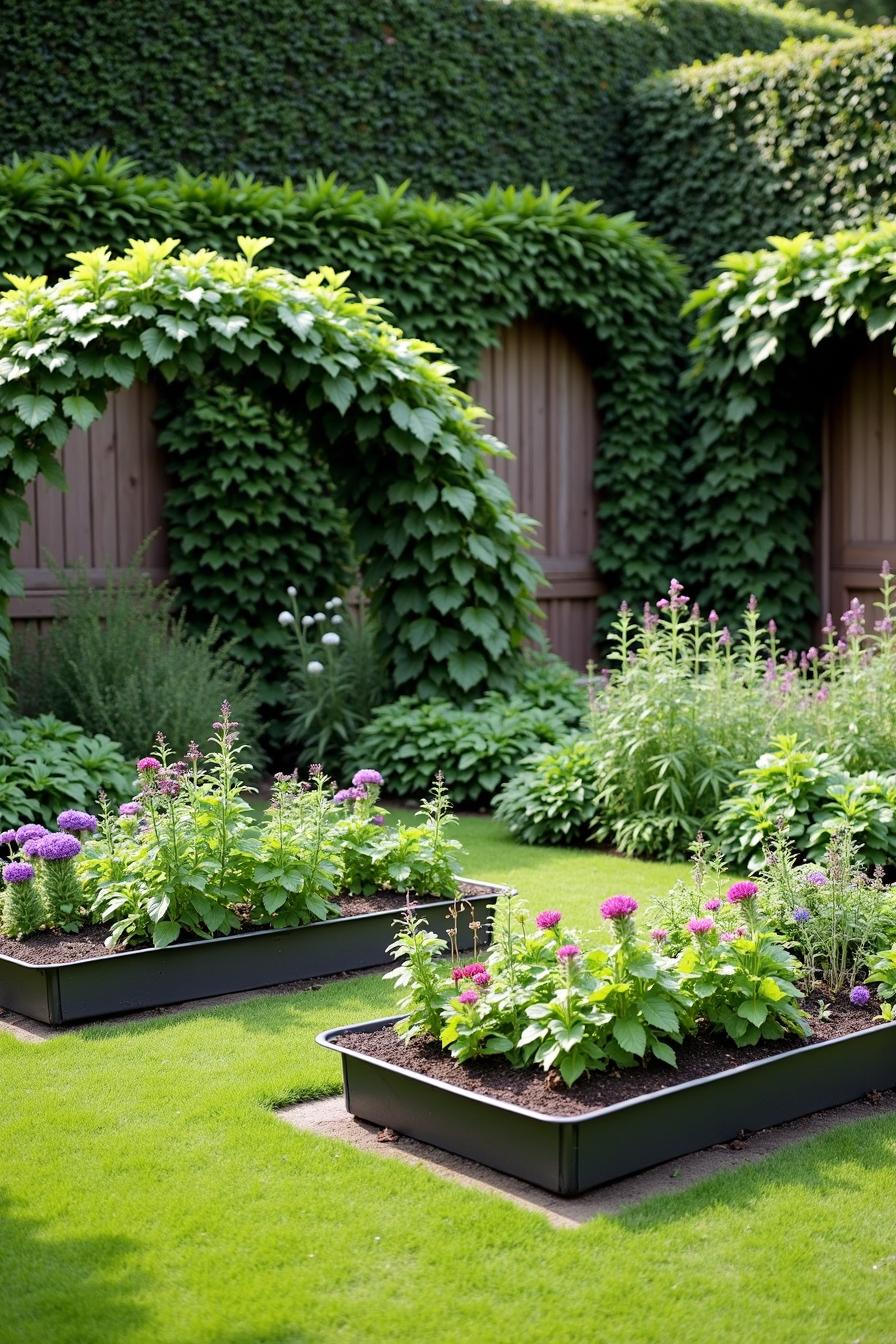 Vibrant raised garden beds surrounded by lush arches