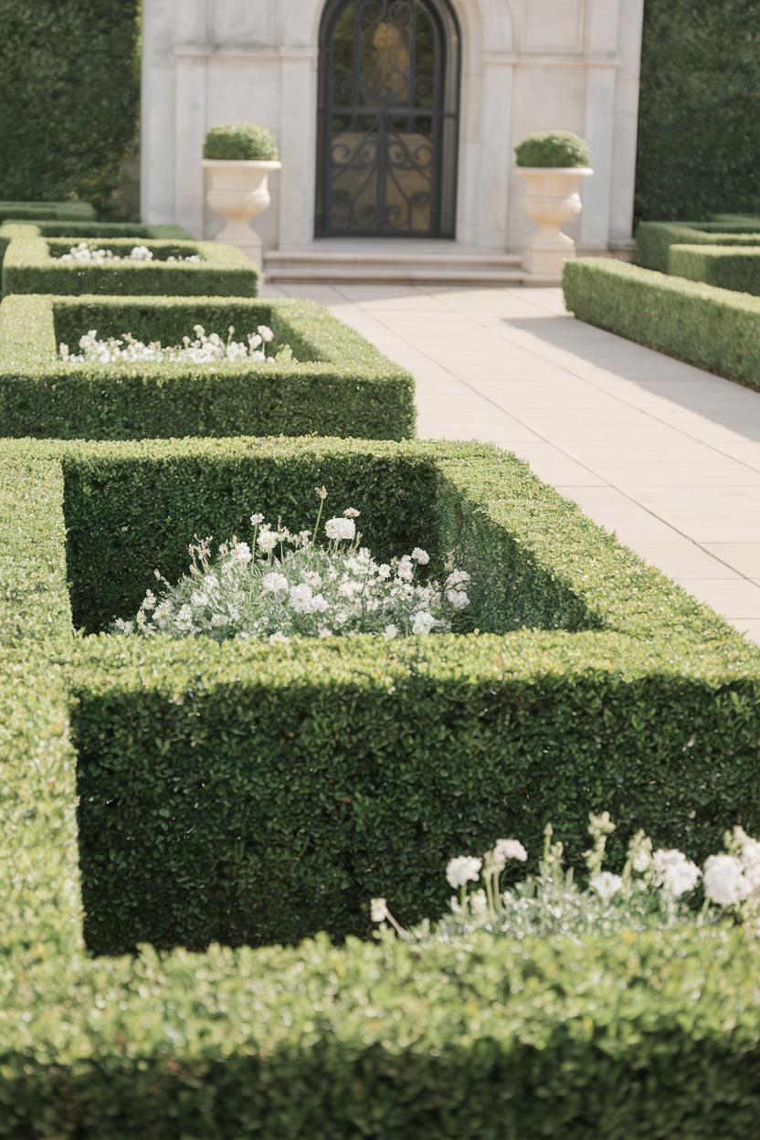 Boxwood hedges shaped into squares with white flowers in the center