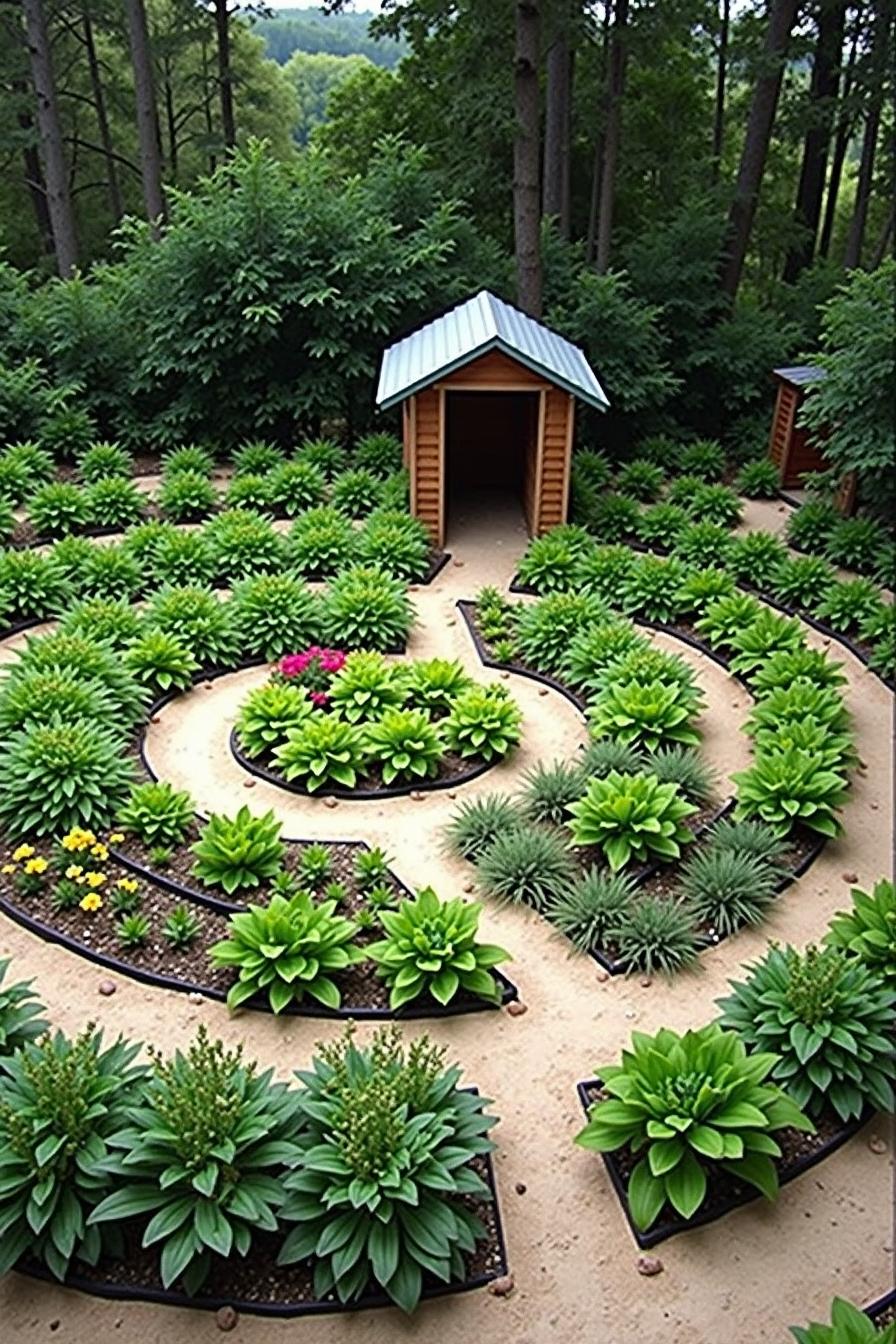 Lush circular garden with a cozy wooden hut