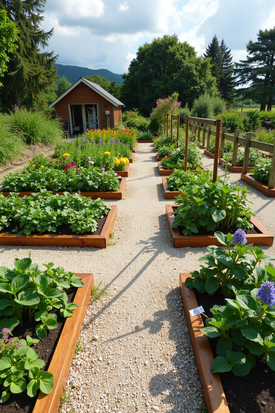 Vibrant raised garden beds lining a gravel path