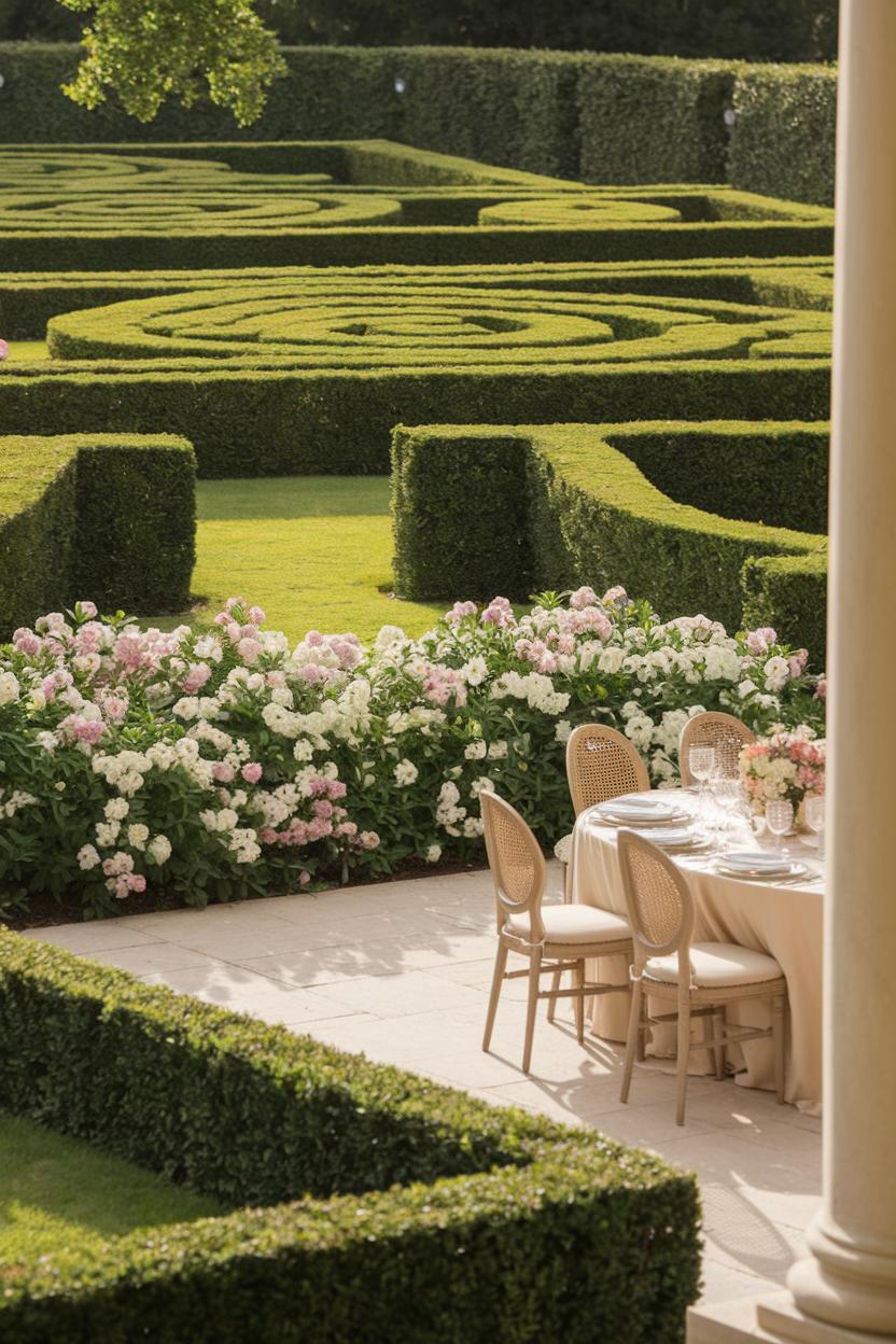 Lush boxwood garden with an elegant dining setup