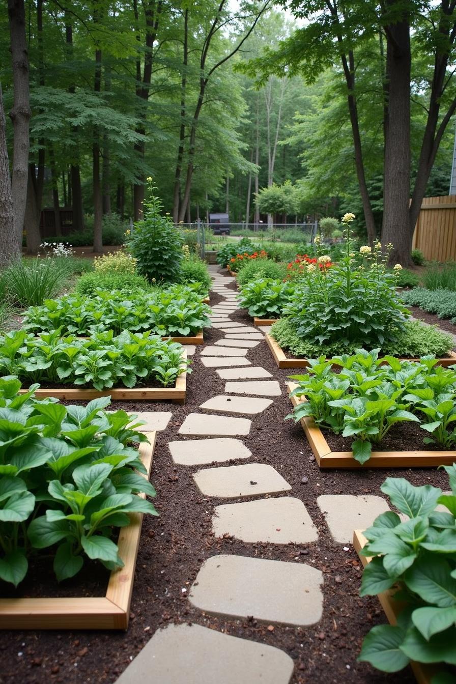 Stone path winding through lush backyard veggie garden