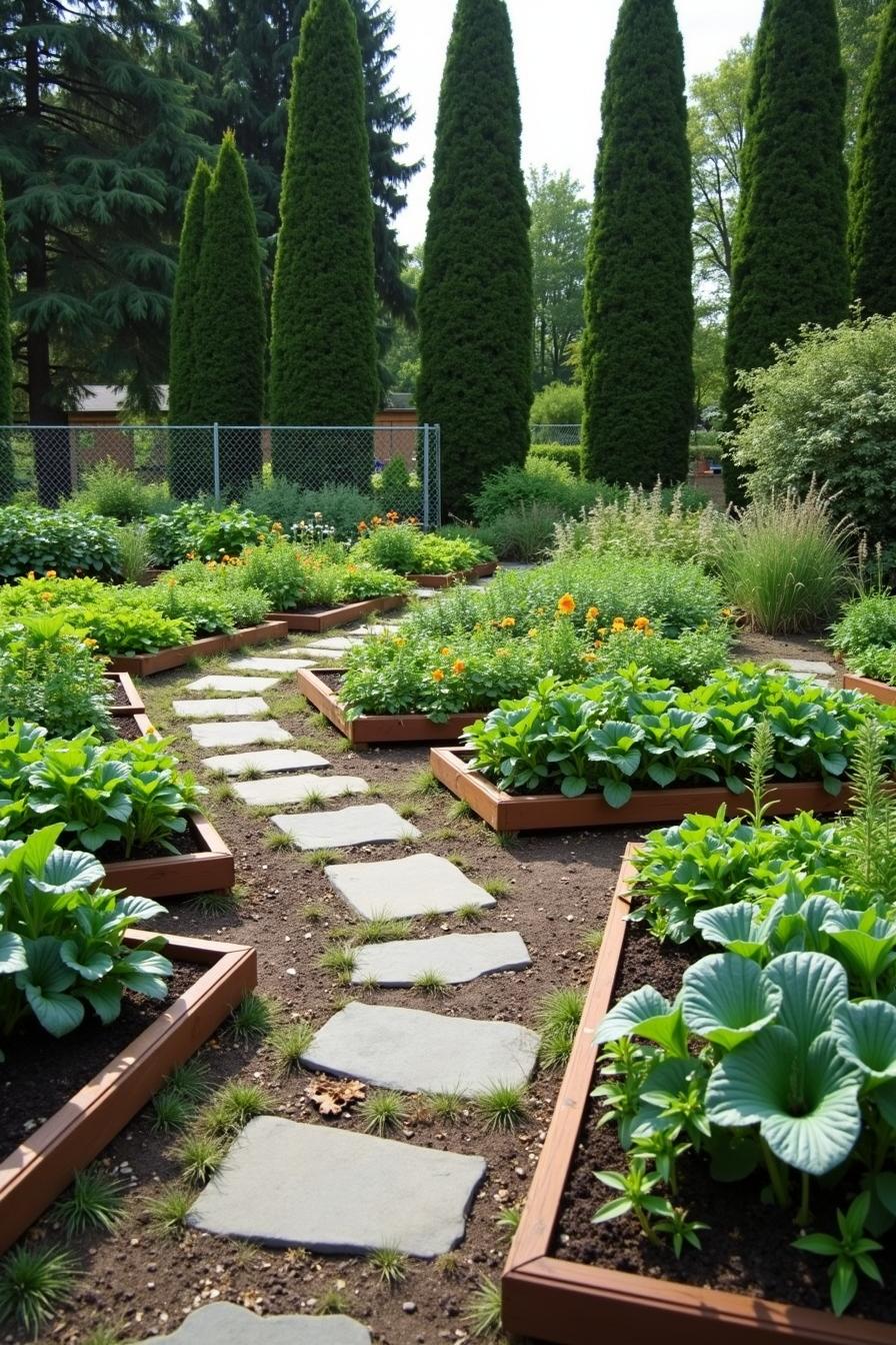 Vegetable garden with stone pathway and raised beds