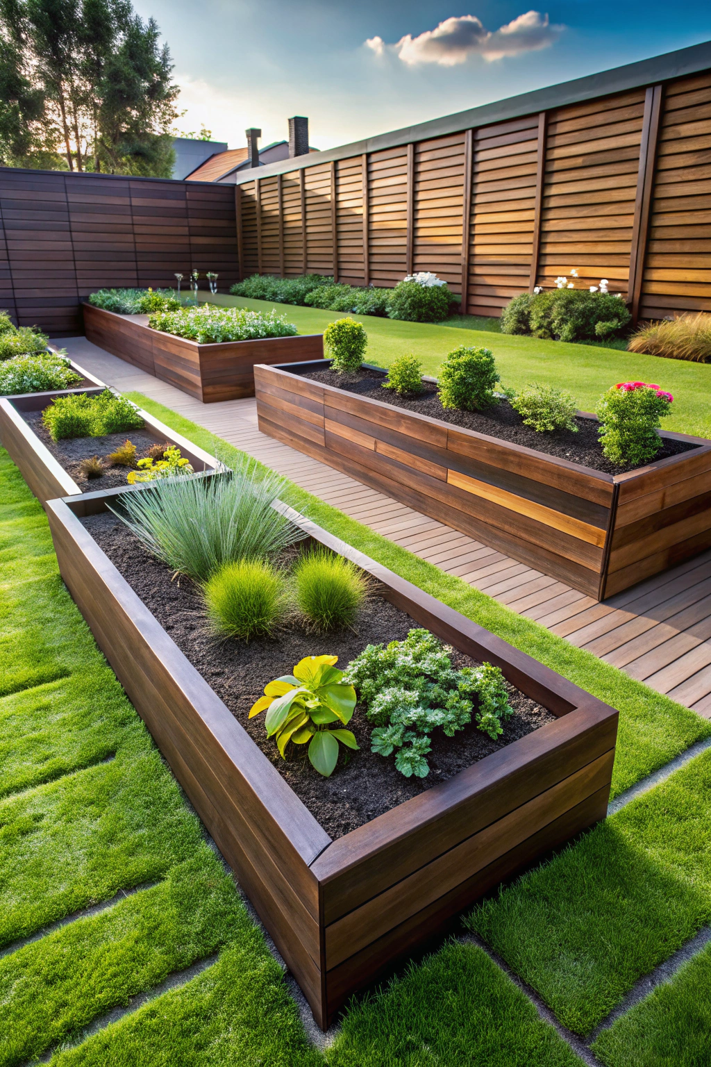 Raised flower beds with various plants in a wooden garden setting