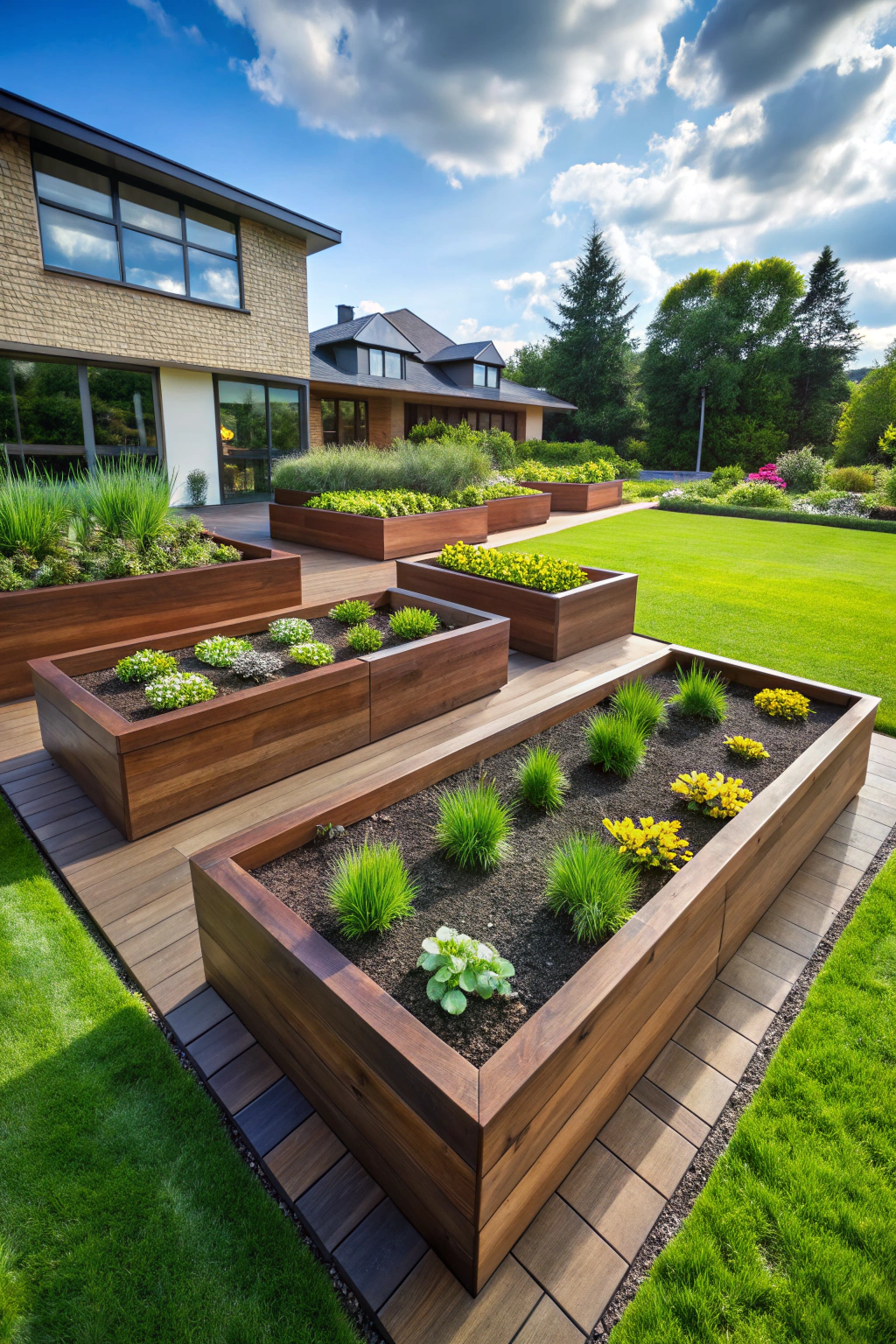 Raised flower beds with lush greenery