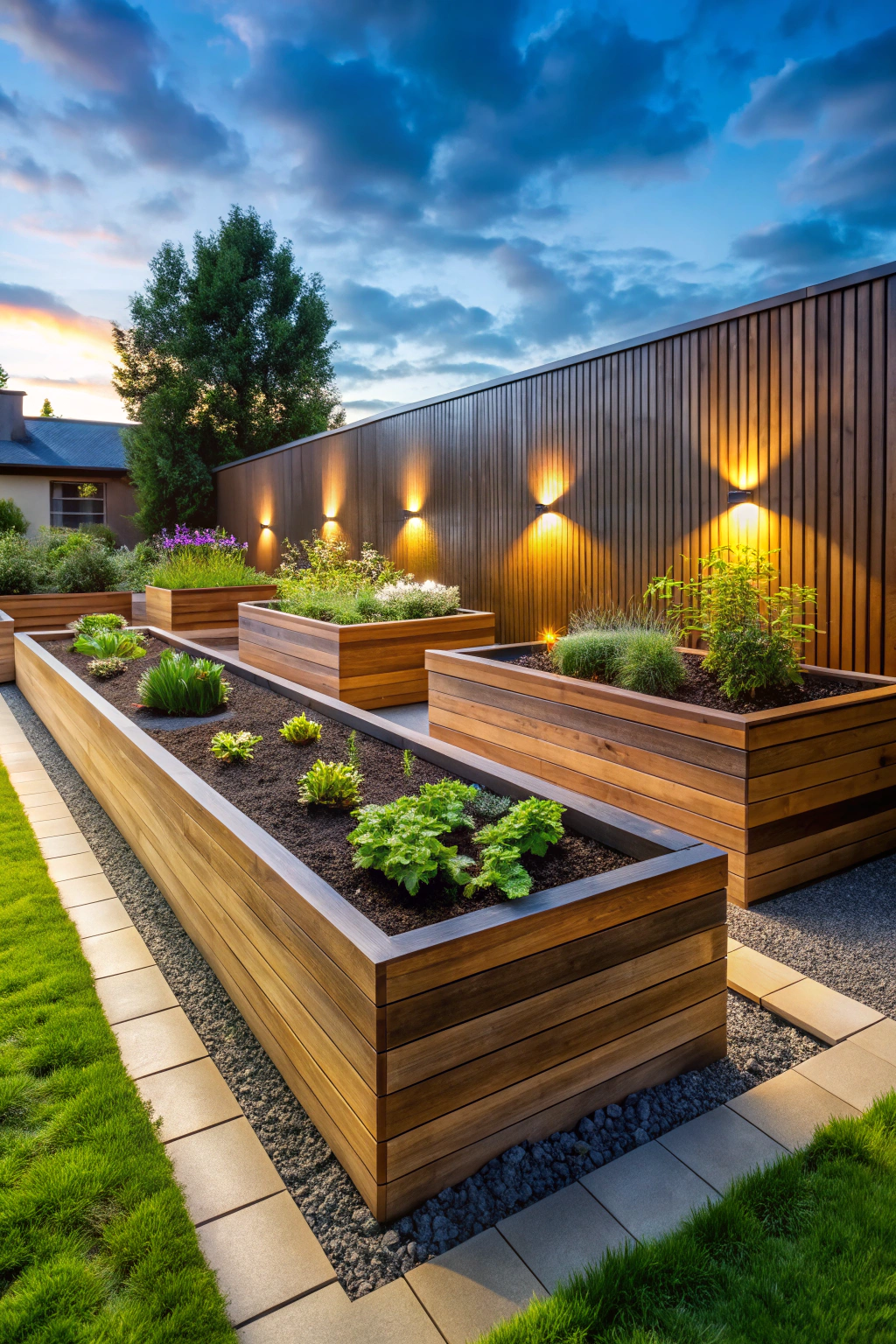 A raised flower bed garden minimalist in its aesthetic features a rectangular wooden structure filled with dark rich soil surrounded by a neatly