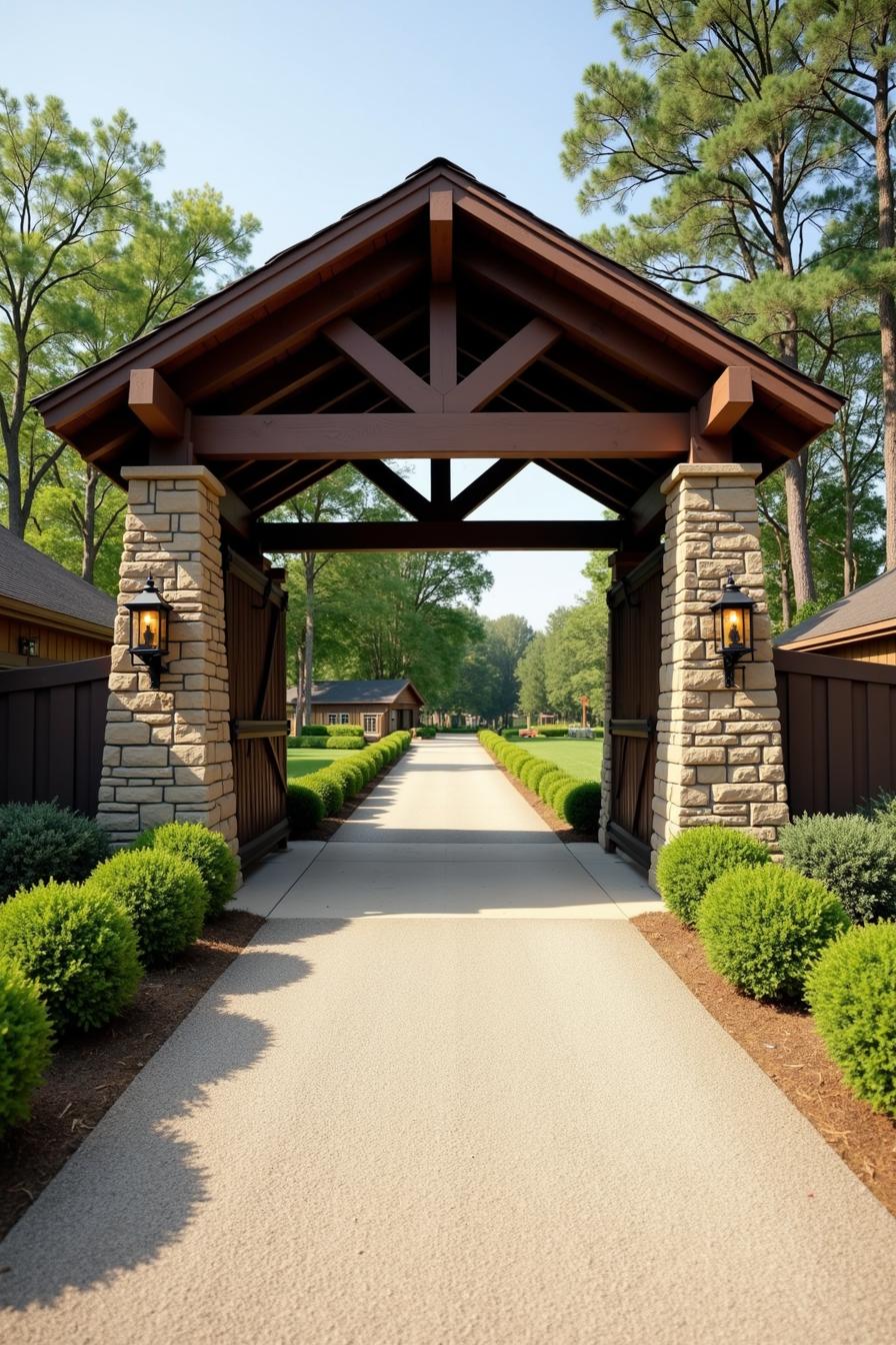 Stone pillars and a wooden gate at a farm entrance