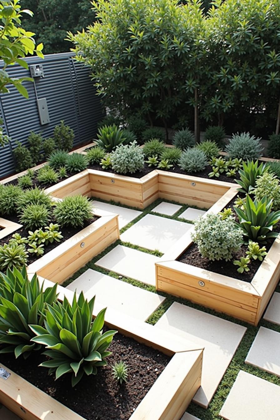 Wooden raised garden beds with various green plants