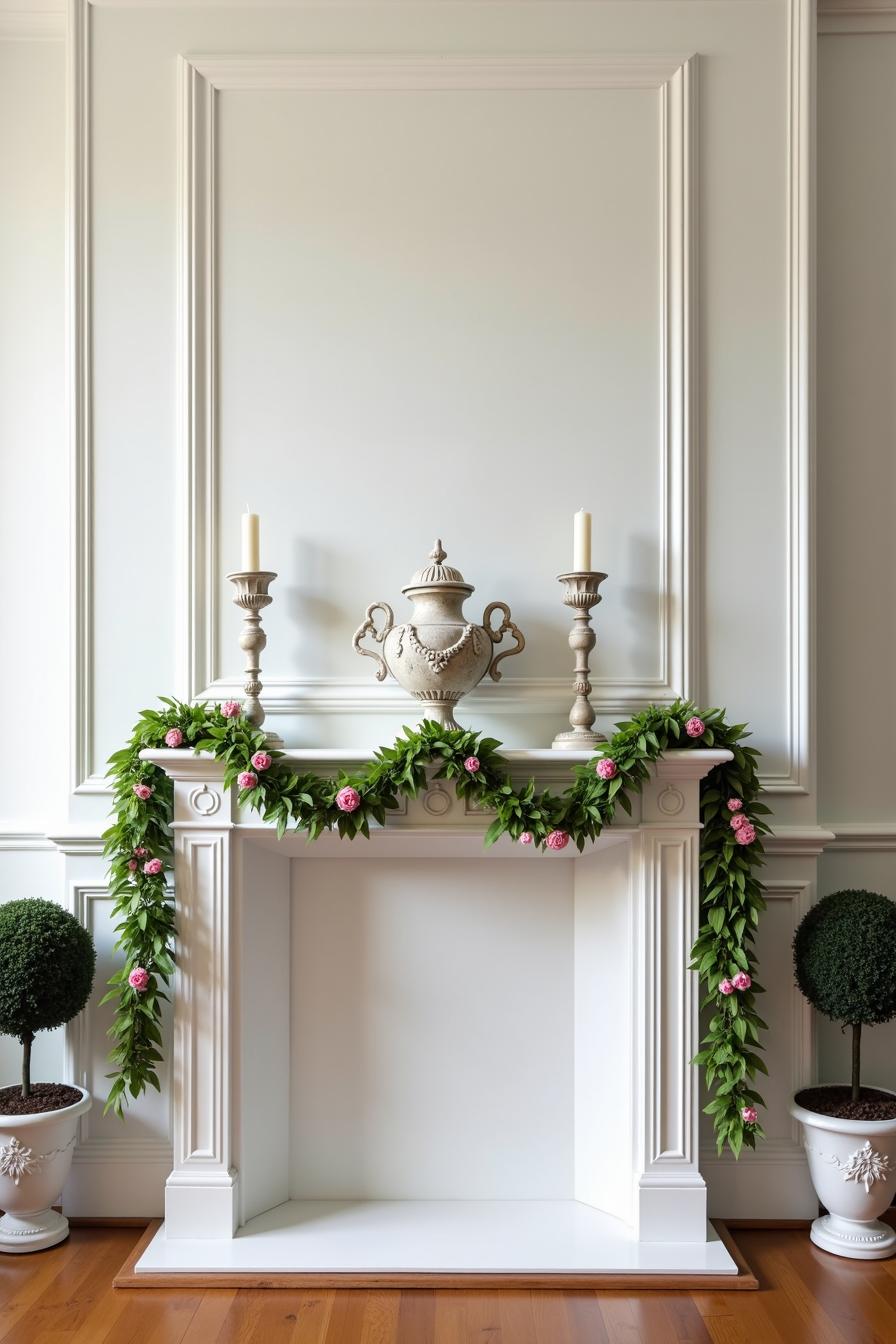 Elegant mantel decorated with greenery and pink blossoms