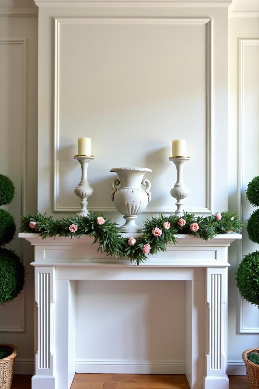 Chic mantel adorned with simple greenery and vintage candlesticks