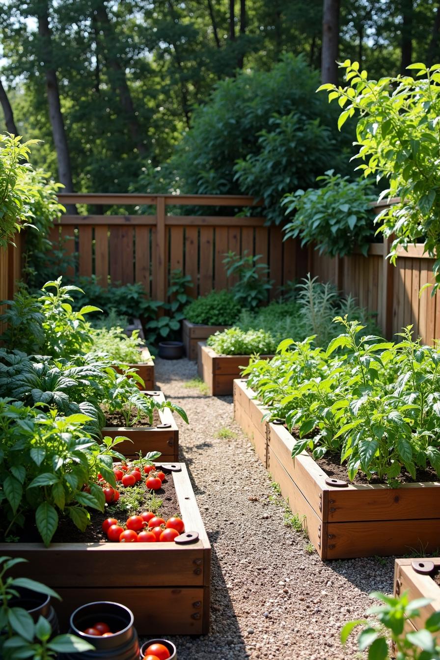 Lush vegetable garden with raised beds and tomatoes