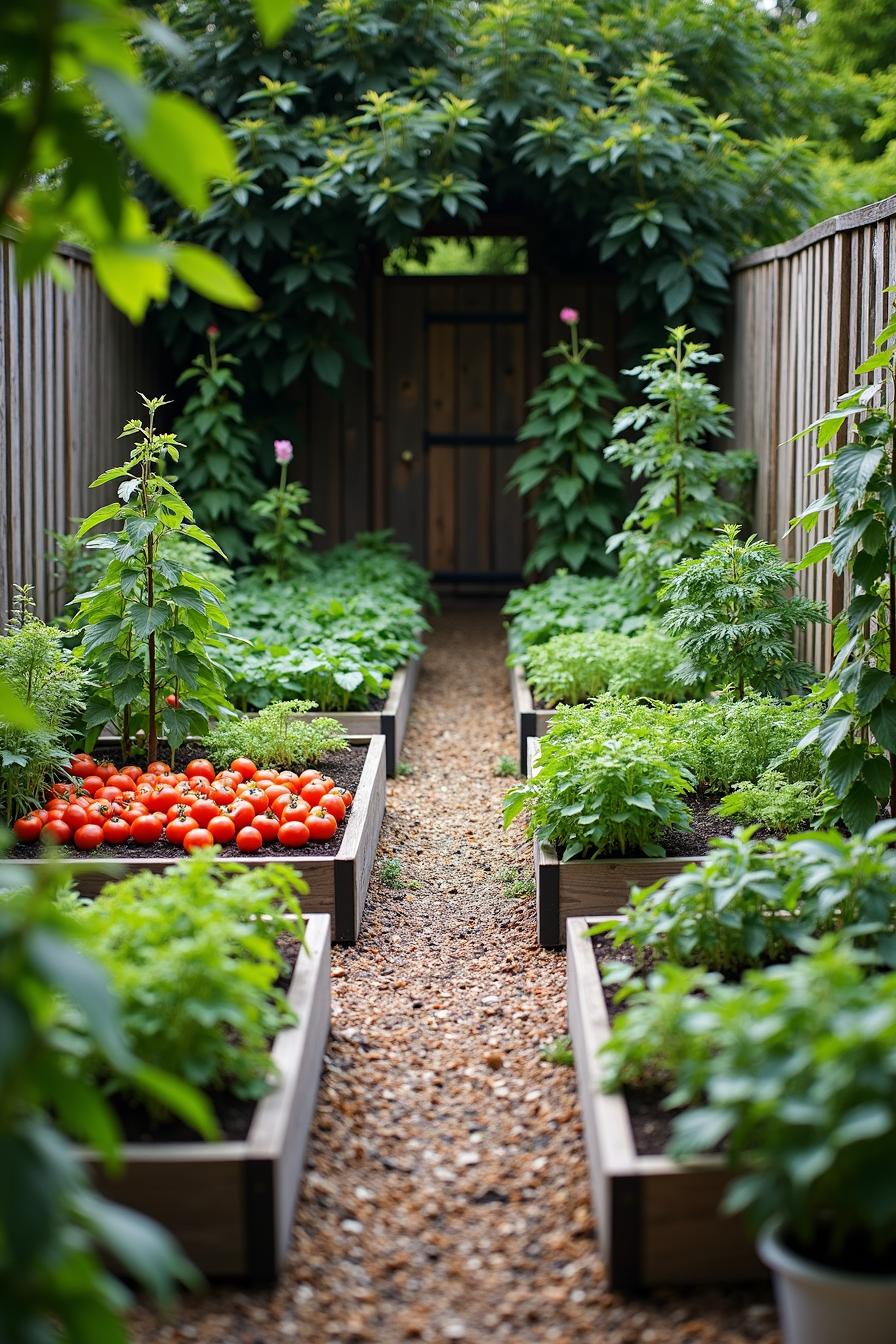 Raised beds filled with lush veggies and bright tomatoes