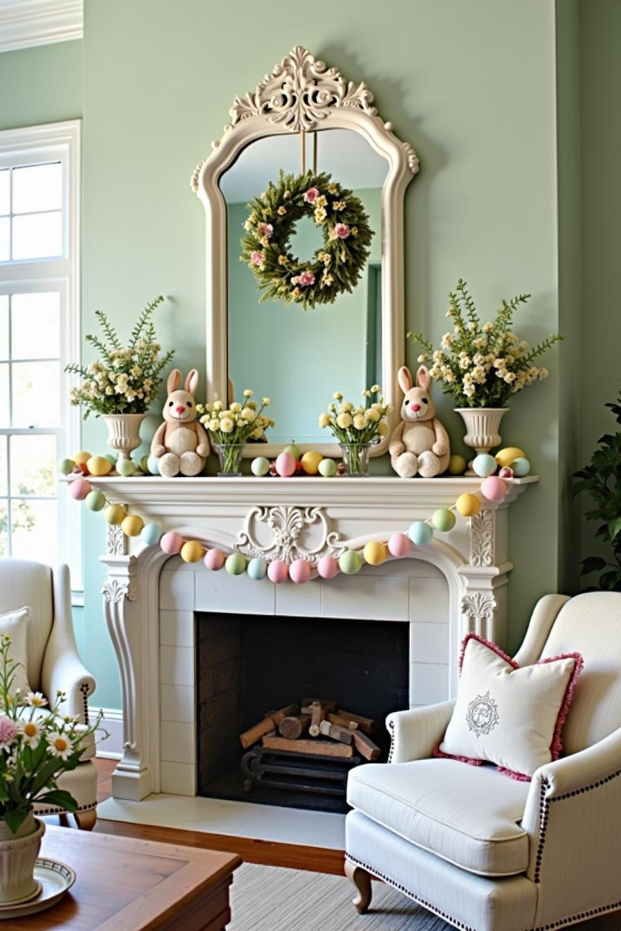 Mantel decorated with pastel garlands and plush bunnies