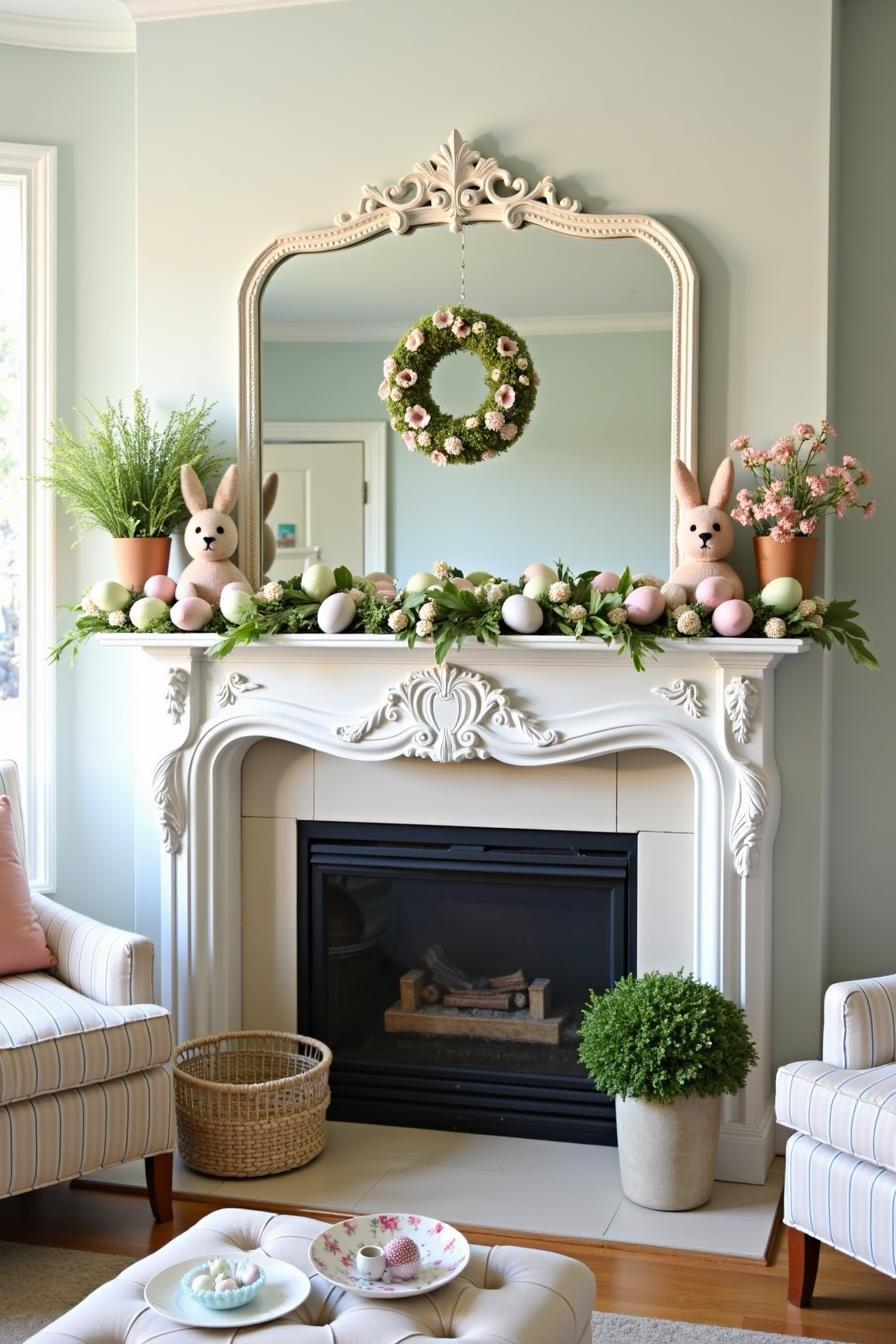 Spring-themed mantel decorated with greenery, pastel eggs, bunnies, and a flower wreath