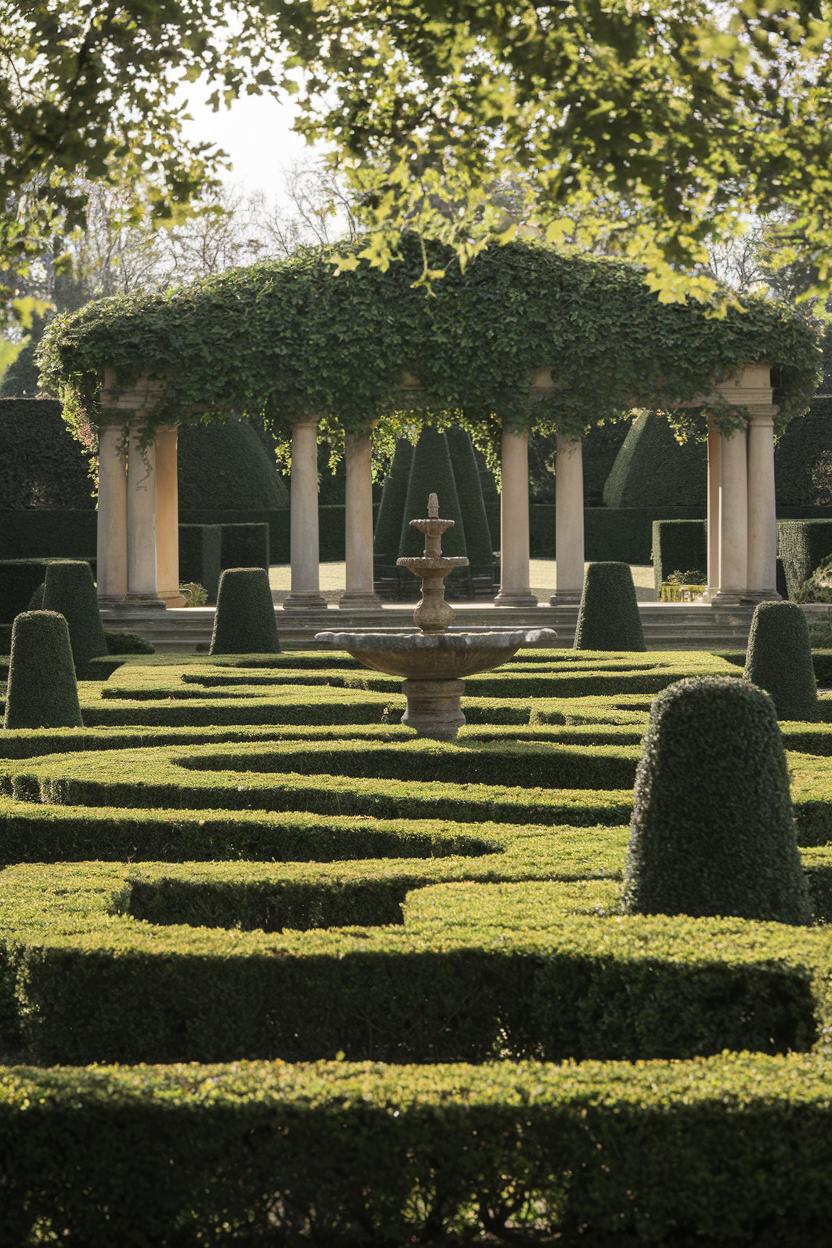 Maze of boxwood hedges with a central fountain and vine-covered pergola