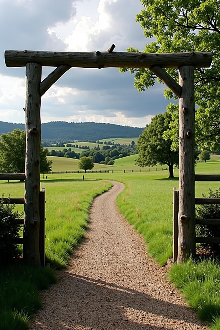 Wooden archway opening to a winding path in the countryside