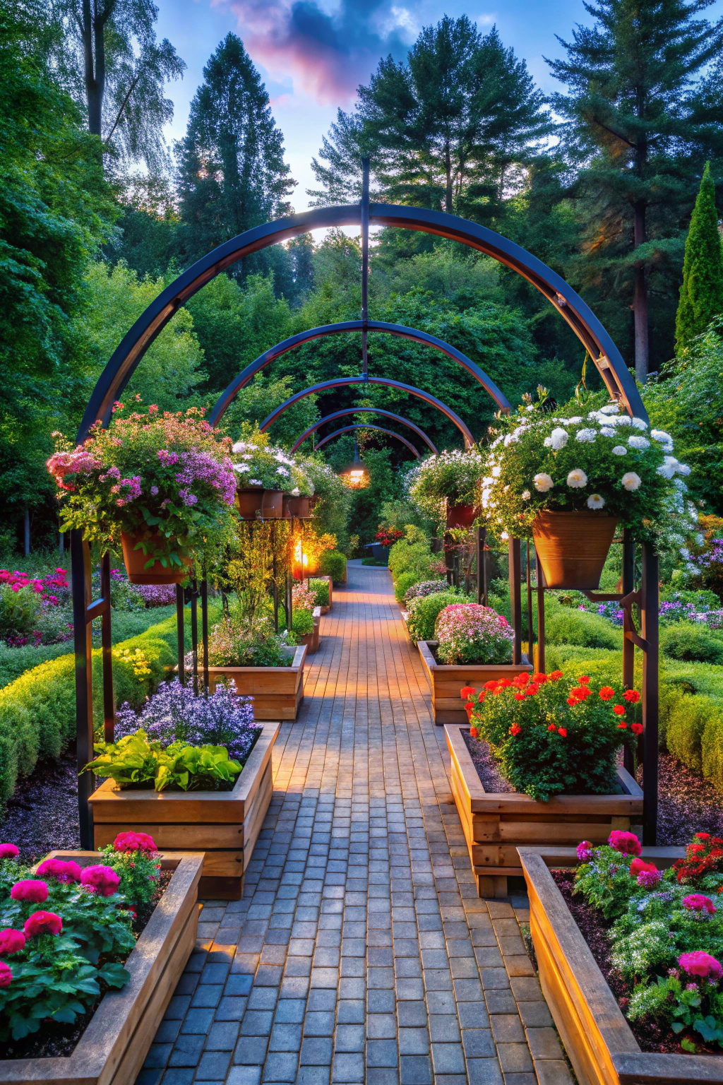 Pathway with arches and vibrant flowers