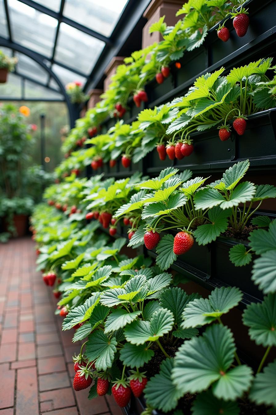 Tiered strawberry garden with ripe berries