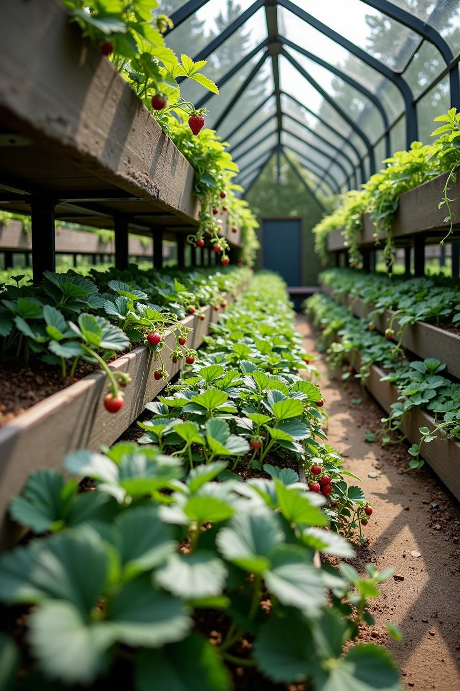 Strawberry plants growing in rows inside a greenhouse