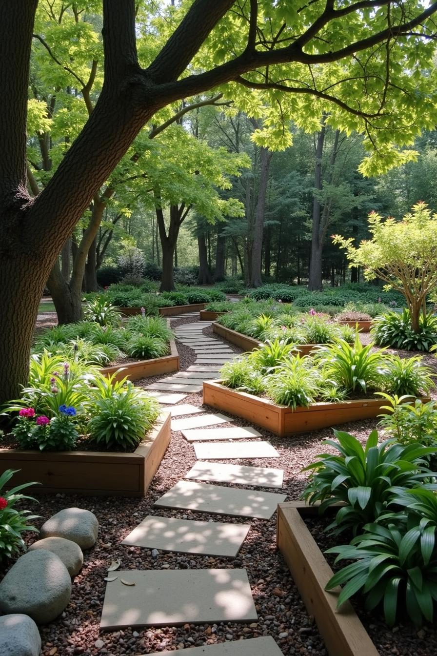 Pebble pathway winding through raised garden beds