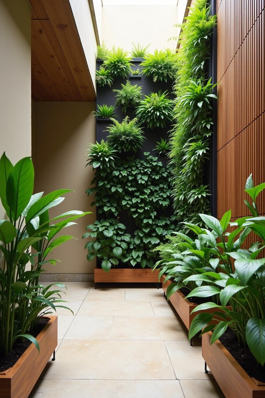 Vertical garden with wooden planter boxes and lush plants