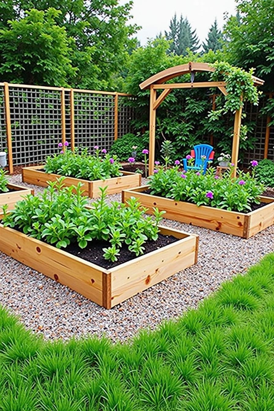 Lush vegetable beds with wooden trellis and arbor