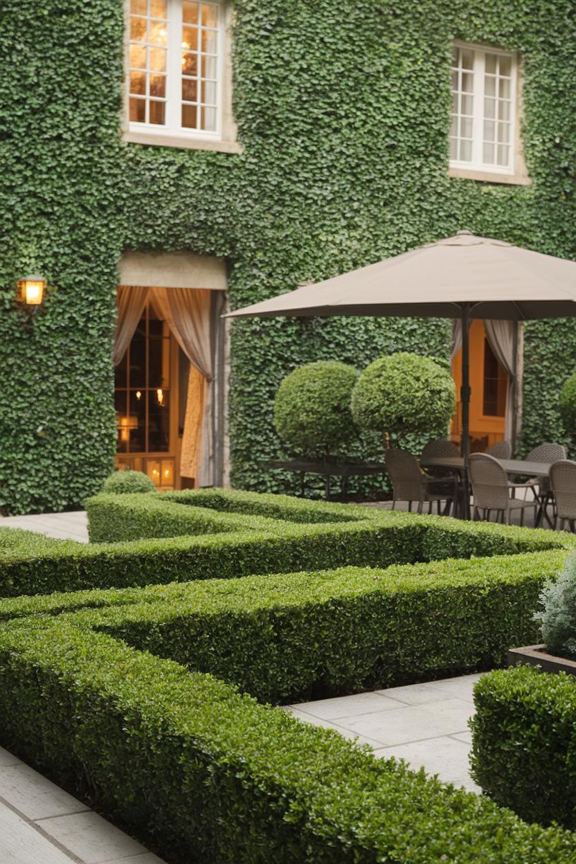 Boxwood hedges in geometric design alongside a patio