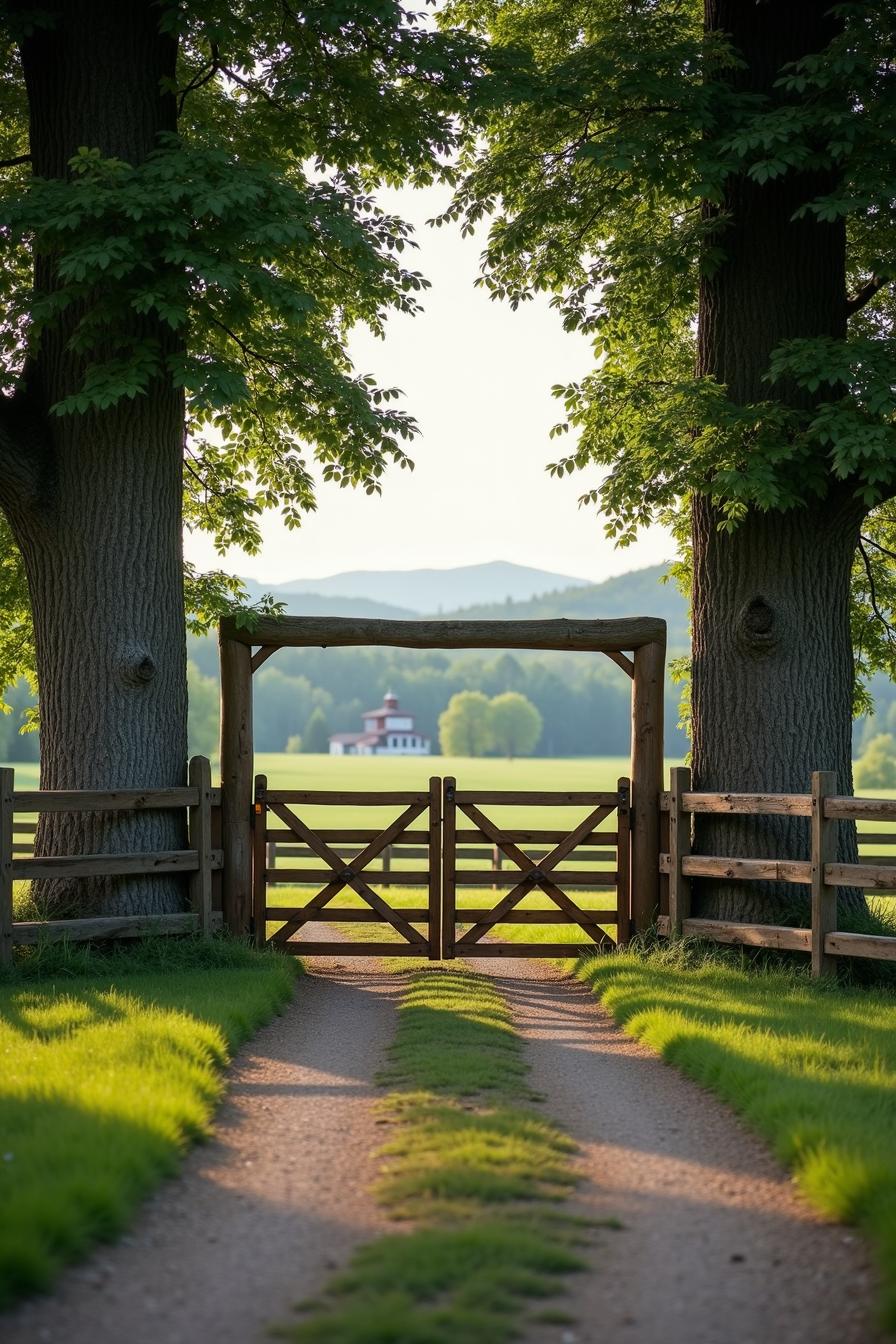 Wooden farm gate between two large trees on a dirt path