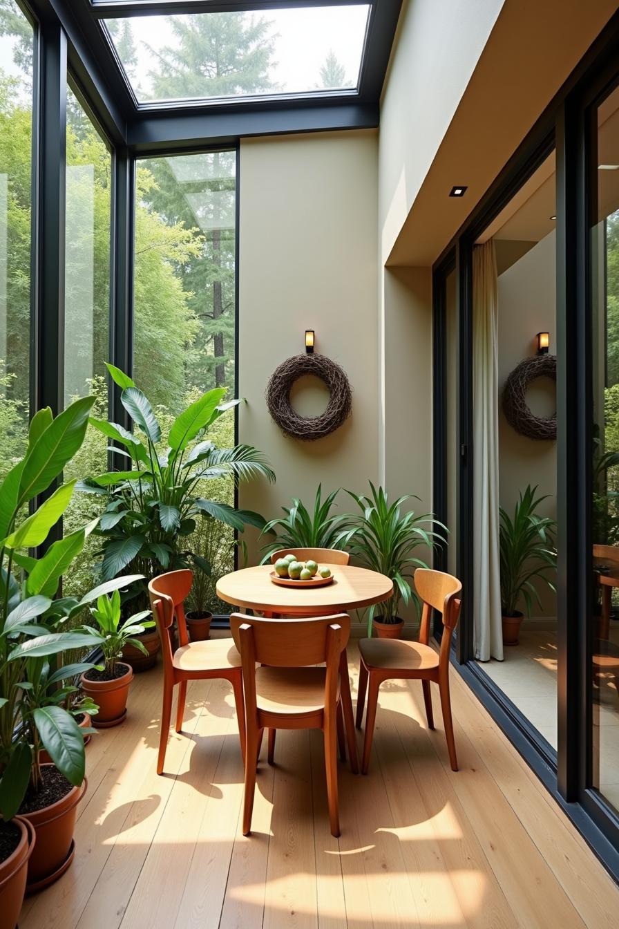 Cozy nook with wooden chairs, plants, and skylight