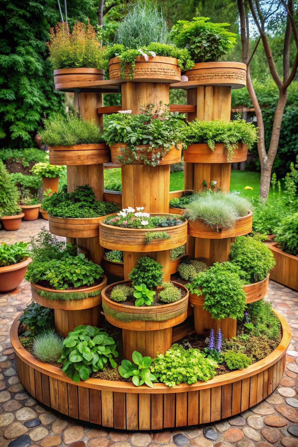 Vertical wooden flower beds with various plants